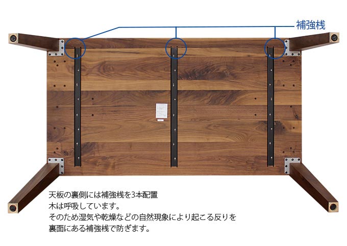 テーブル脚の裏側にはアジャスター付き